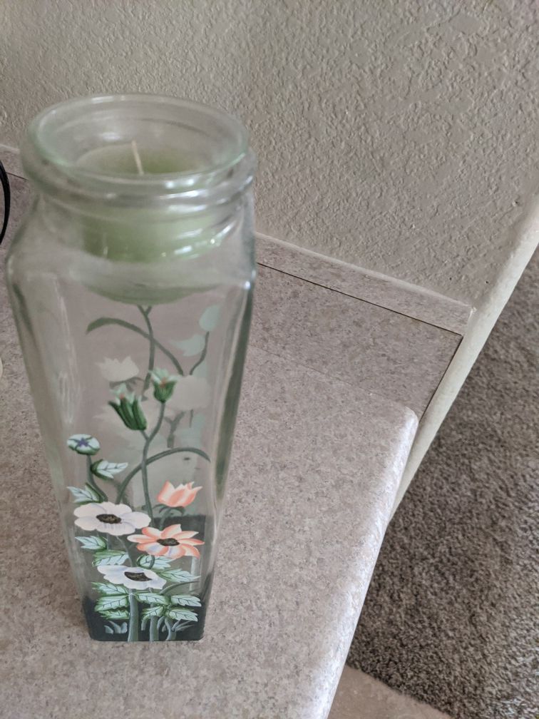 Hand painted glass flower vase and candles