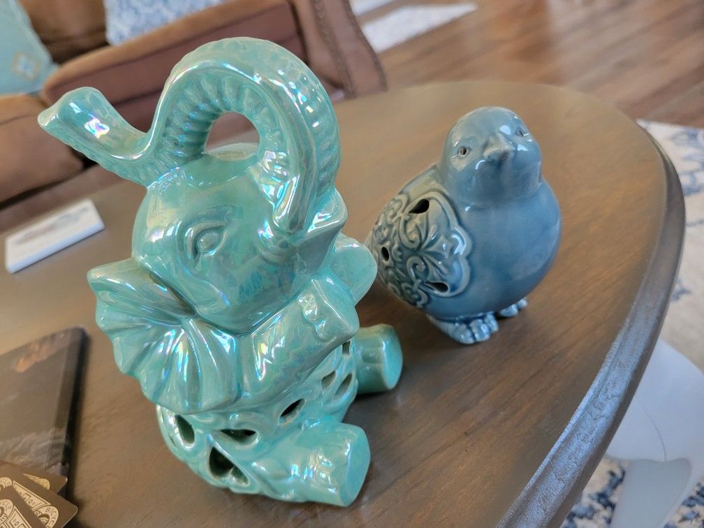 Blue Ceramic Elephant And Bird 