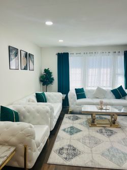 Tufted White Leather Sofa Set w/ Cushions Gold Trim Frame