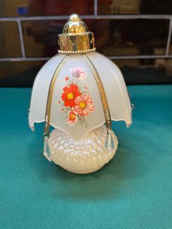 Vintage Avon frosted plastic shade with florals and hanging crystal diffuser
