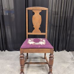 Vintage Oak Dining Chair with Purple Needlepoint Seat