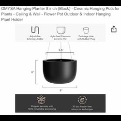 Hanging Planter 8 inch (Black) - Ceramic Hanging Pots for Plants - Ceiling & Wall - Flower Pot Outdoor & Indoor Hanging Plant Holder