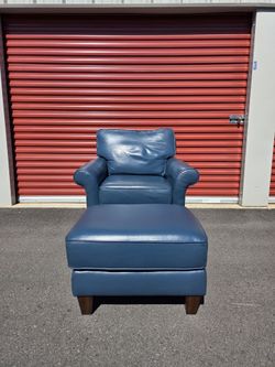 Flexsteel Blue Leather Armchair and Ottoman Set