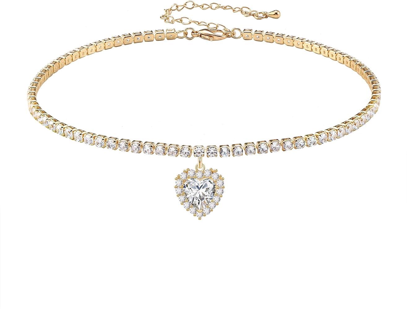 Tennis Necklaces for Women Cubic Zirconia Diamond Sparkly Choker Teardrop Heart Cross Pendant Necklace Silver/Gold Filled Choker Necklaces for Women G