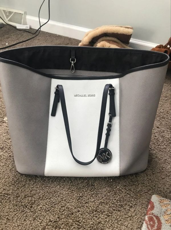 gray and white michael kors purse