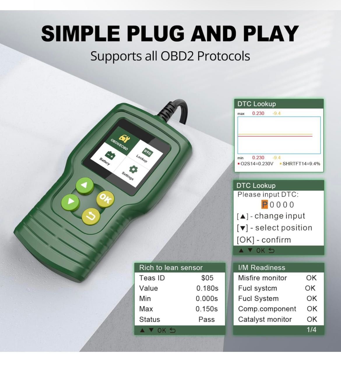 Car OBD2 Scanner Diagnostic Scan Tool Vehicle Code Reader Engine Fault Code Scanner OBD II Diagnostic Scanner with Bluetooth and Car Battery Tester An