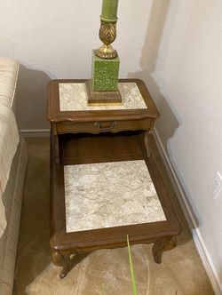 Two-Tier Wood Step End Table with Marble Inlay