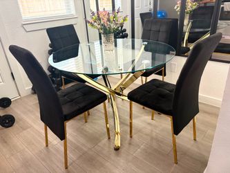 Gold Glass Dining Table Four Black Chairs