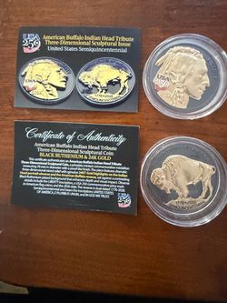 2 x American Buffalo Indian Head Tribute Coin USA 250 Privy Mark (Black Ruthenium & 24k Gold)