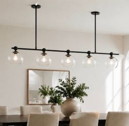 Modern 6-Light Clear Glass Globe Linear Chandelier Black Metal Hanging Ceiling Light