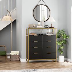 Set Of 2, 8 Drawer Dresser for Bedroom, Modern Chest of Drawer, Wood Storage Cabinet with Shelf for Living Room, Black Gold