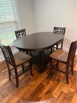 Transitional Style Kitchen Dining 5pc Set Counter height Round Table And 4 high Chairs Cushion Seats Solid wood Veneers