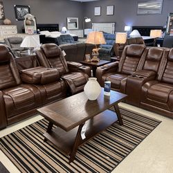 REAL LEATHER + Massage + Heater 2pc Power Recliner Set