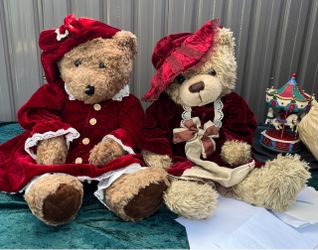Pair of Victorian Style Plush Teddy Bears in Red Velvet Outfits .