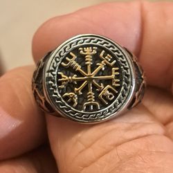 Gold Plated Stainless Steel Viking Compass Symbol Ring