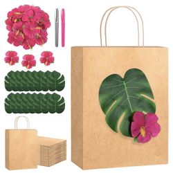 Canlierr 24 Sets Hibiscus Party Favor Hawaiian Themed Paper Bag with Handles 10.6 x 8.3 x 4.3 Bachelorette Gift Tropical Palm Leaves Luau Goodie Bags 