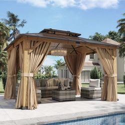 New-Aoxun 10' x 12' Outdoor Wood Gazebo with Double Polycarbonate Top, Hardtop Gazebo Permanent Wooden Pavilion with Breathable Netting and Privacy Cu