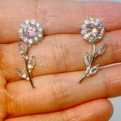 2Ct Pink created diamonds,flowers earrings,Round Cut Earrings,Silver earrings