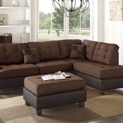 Reversible Sectional & Ottoman - AVAILABLE IN ESPRESSO OR GREY LINEN-LIKE FABRIC 