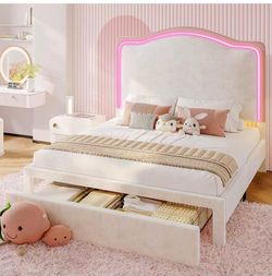 Twin Size LED Twin Bed Frames with Storage Drawer, Upholstered Platform Bed with Adjustable Headboard, No Box Spring Needed, Easy Assembly, Pink