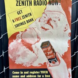  VINTAGE POSTER CHRISTMAS ZENITH RADIO SAVINGS BANK MONEY BOX 22x14 INCHES