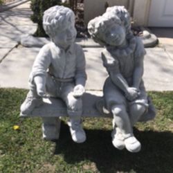 New Kids On Bench Made Out Of Cement Beautiful Yard Decoration 