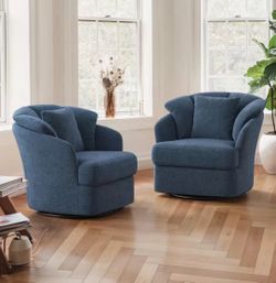 Set Of 2 Rowena Oversized Blue Upholstered Fabric Swivel Accent Chair with Double Cushion Swivel Arm Chair