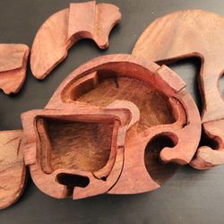 Vintage Double Compartment Wooden Cat Shaped Puzzle Box 