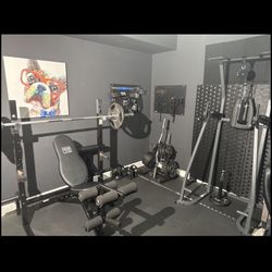 Full Home Gym Setup – 400+ lbs Weights, Bench, Rack, Power Tower, Cable System