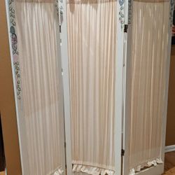 Sweet White 3 Panel Room Divider w/ Curtains Floral Accents Girls Room
