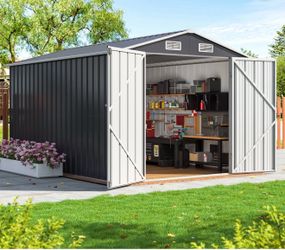 POLAHAKU 8'x12' Outdoor Metal Shed with Upgraded Frame Structure, Lockable Doors & Waterproof Design, Spacious Steel Storage Shed for Backyard, Patio,