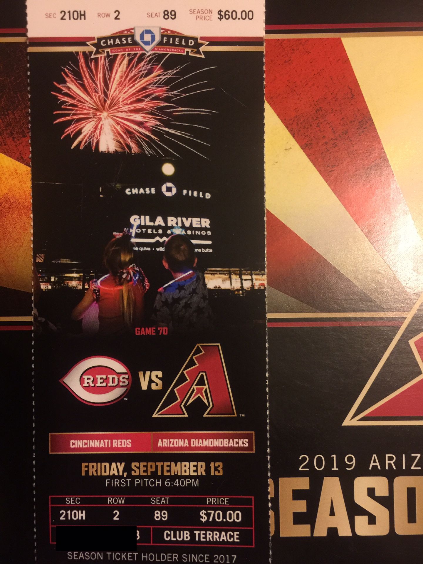 1 Single Ticket Dbacks vs Cincinnati Reds Friday Sept 13 640pm