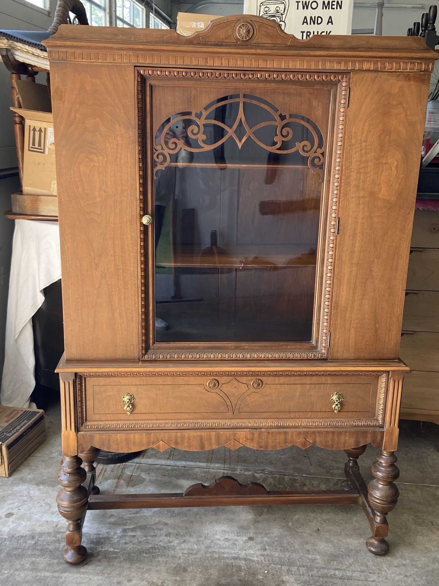 Antique China Cabinet Cupboard Dish Display Curio Walnut Wood