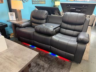 Black Leather Reclining Sofa with Console