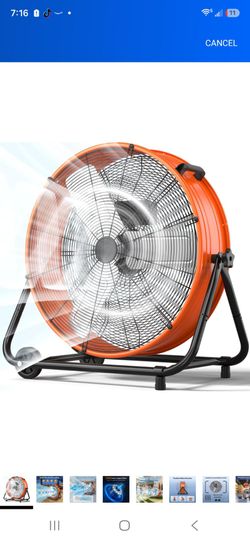 24 Inch Industrial Drum Fan, 320W High Velocity Floor Fan, 3 Speed Heavy Duty Metal Air Circulator, 360° Tilt with Casters Handle ETL Standard for Pat
