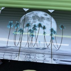 Large Modern 3-Panel Canvas Wall Art – Moon & Palm Trees