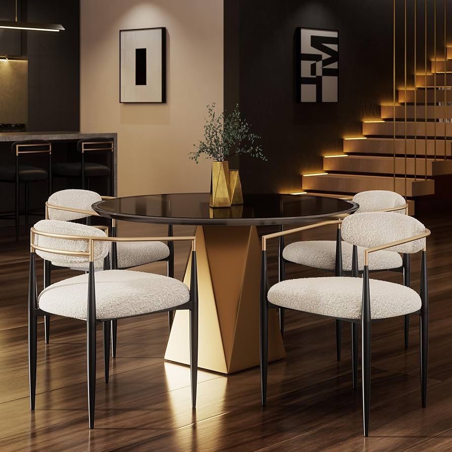 Dining Chairs Set of 4, Upholstered Boucle Dining Chairs with Gold Armrest and Black Metal Legs, Accent Armchairs for Kitchen, Living Room and Recepti