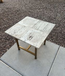 Travertine Tile Top Console Table w/ Brass Base