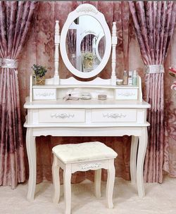 White Vanity Makeup Dressing Table Set w/Stool 4 Drawer&Mirror Jewelry Wood Desk