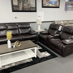 2PC Brown Sofa & Loveseat w/ 5 Manual Recliners 