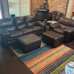 Leather Couch And Armchair With Two Ottoman