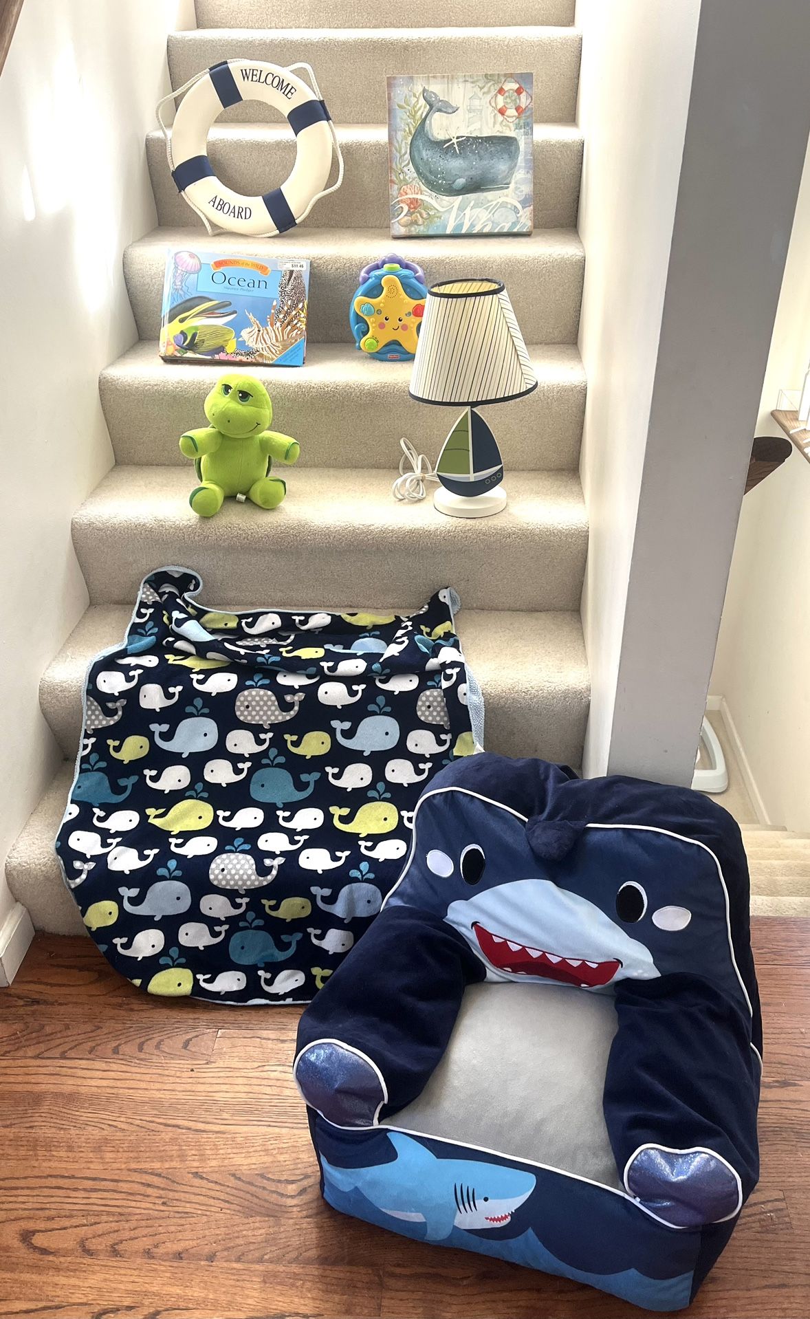 Adorable Lot Of Baby Kids Ocean Theme Room Decor. Beanbag Chair, Lamp, Fisher Price Ocean Musical Soother, Soft Blanket, Book & More! ($55 For All)