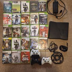 Xbox 360
Controller 3/with cords and 1 controller that probably be fixed 
1 controller keyboard
25 Games