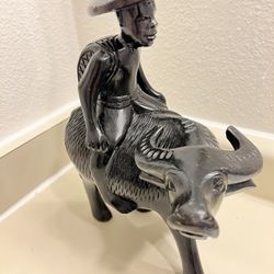 EUC Vintage Chinese Wood Sculpture Man Riding Water Buffalo