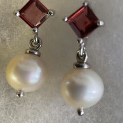 Sterling Silver Garnet and Pearl Drop Earrings 