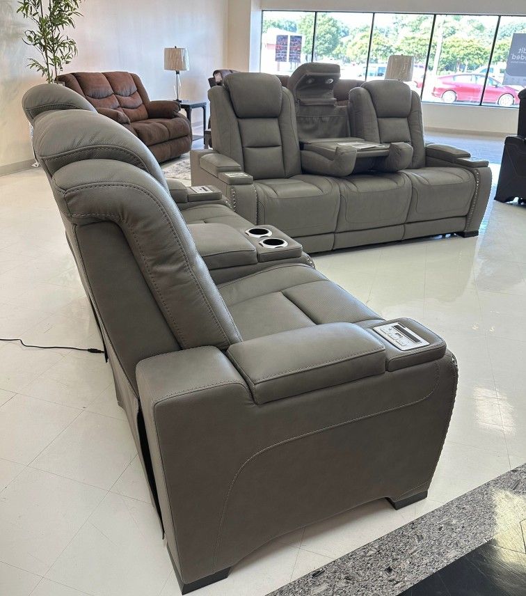 Genuine Leather Gray Color Power Reclining Sofa, Power Reclining Loveseat, Power Recliner Fast Delivery Ask For Payment Plan