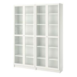 IKEA BILLY OXBERG White Glass Double Door Cabinet Bookcase Set