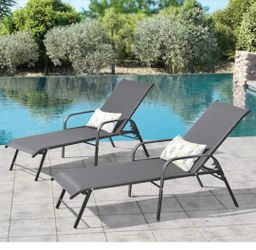 2-Piece Aluminum Adjustable Outdoor Chaise Lounge in Gray with Armrests
