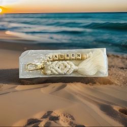 Beaded Macrame Keychain with Tassel and Custom “Lauren” NEW