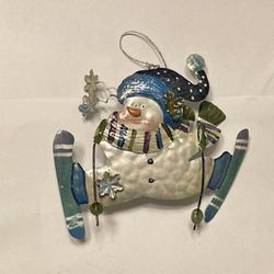 Whimsical Snowman On Skis Christmas Ornament